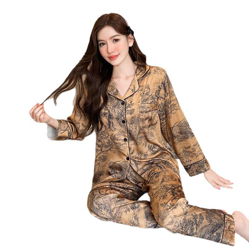 2025 Summer Chinese Ink Style Ice Silk Long Sleeve Pajamas for Women - Elegant Spring/Autumn Wear