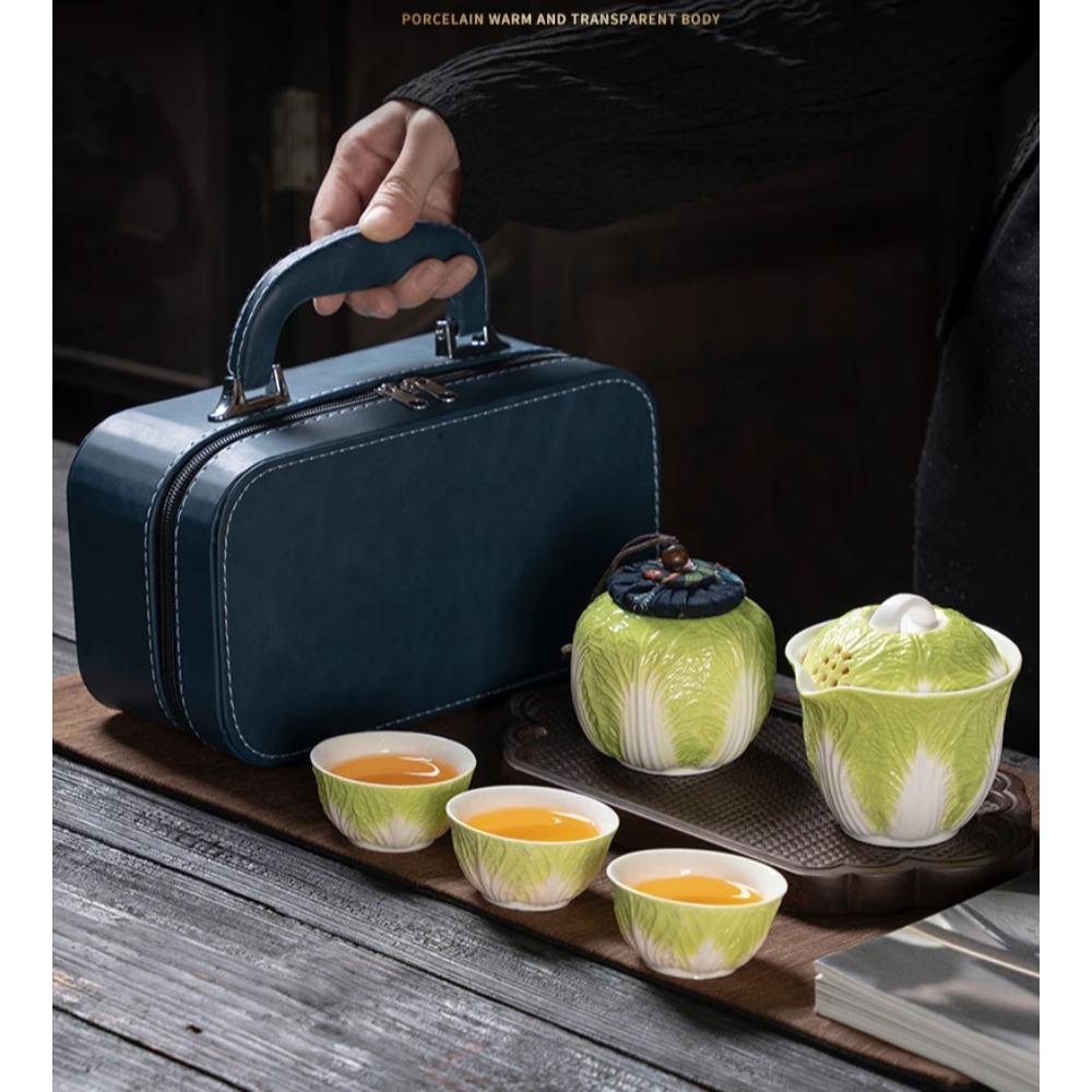 Creative Cabbage Travel Tea Set Ceramic Three Cup Outdoors Kuaike Cup Creative Portable Teaware Sets