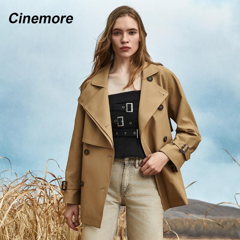 Cinemore Autumn Mid-Long Trench Coat for Women Casual Windbreaker Jacket Double Breasted Lapel Belted Windproof Chic Lady Coat