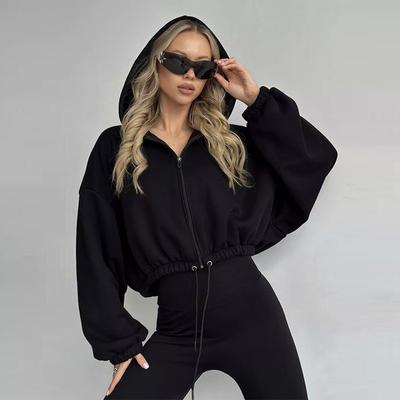 Womens Oversized Cropped Hooded Zip-Up Sweatshirt Loose Fit Streetwear Long Sleeve Top In Cotton Blend