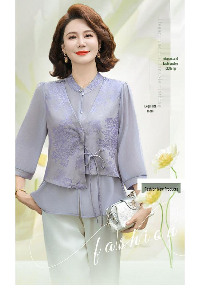 2026 Floral Summer Set for Middle-aged Women: Chinese Style Shirt Blouse