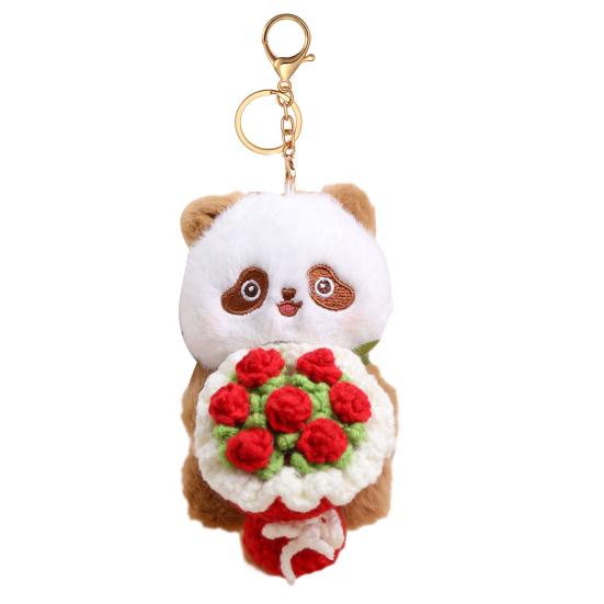 Panda Holding Flowers Keychain Cute Plush Stuffed Animal with Knitted Bouquet