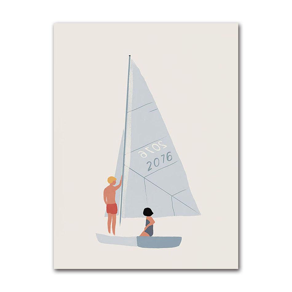 Minimalist Beach Ocean Floral Wall Art, Sailboat Canvas Painting, Pool Posters & Prints, Pictures for Living Room Decor