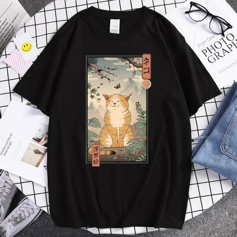 Summer Unisex 100 Cotton Shortsleeved Breathable Samurai Cat Personalized Print Tshirt For Casual And Loose Fit Hiphop Style