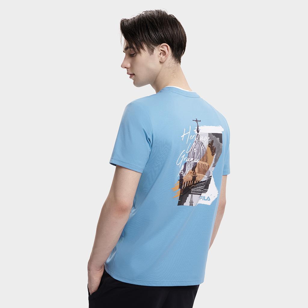 FILA Fashionable Simple Loose Printed Round Neck Knitted Short Sleeve T-Shirt Men Tops Ocean-Blue F11M338114F-BU