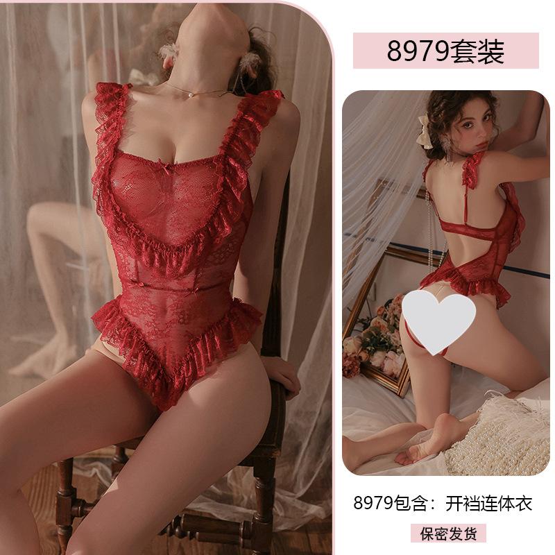 Sexy Sexy Lace Seduction Onesie Female Pure Desire Perspective Open Crotch Pajamas Uniform Suit