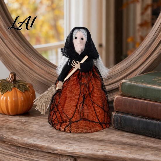 Dark Spooky Halloween Decor Kitchen Witch Doll Small Statue with Broom Multi-use Tabletop Party Decoration for Table Fireplace Holiday Home