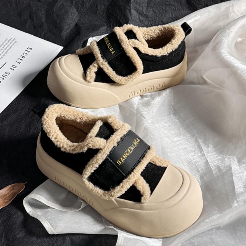 Genuine Leather and Velvet Loafers for Women Winter Velcro Retro Sneakers Thick-soled White Shoes All-match Shoes