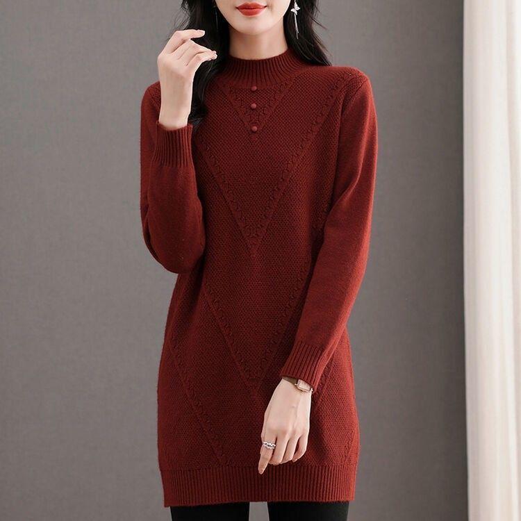 

Half Turtleneck Sweater Dress for Women Solid Color Long-sleeved Mid-length Knitted Sweater Autumn and Winter Casual Loose Pullover S красный