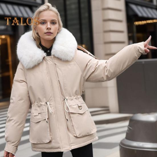 Winterjacke aus Baumwolle für Damen, pelzige Kapuze, verdickter Plüsch, lange Ärmel, elastische Taille, Taschen, Reißverschluss, Mantel, mittellang, winddicht, warm, Daunenmantel