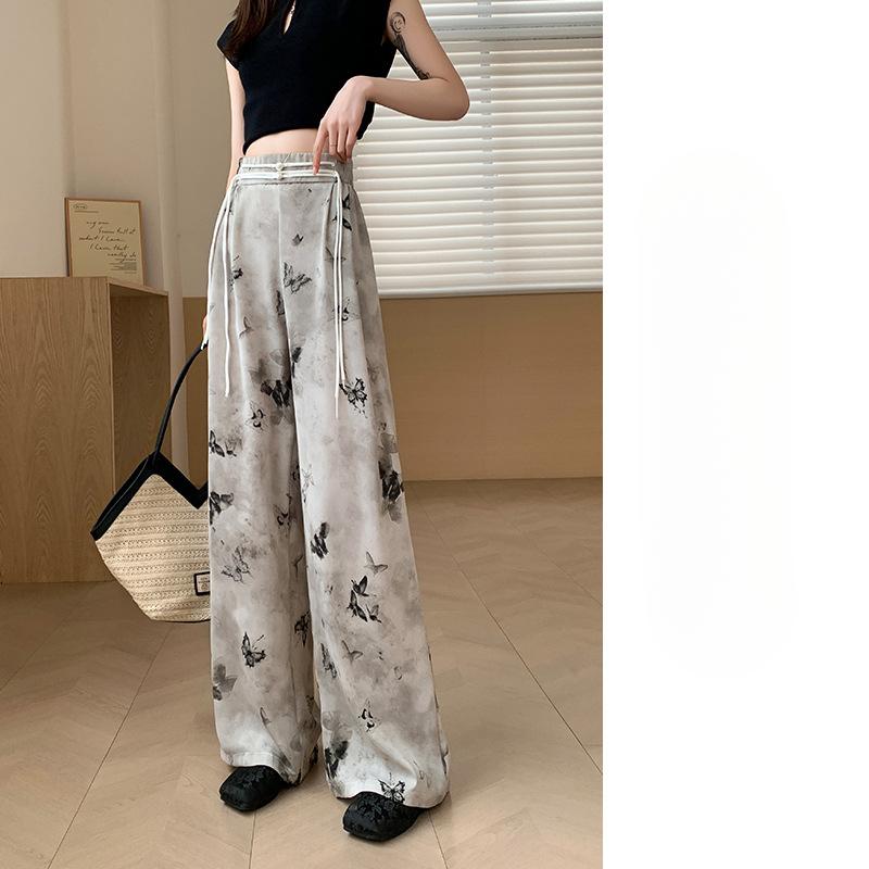 Ice Silk Wide-leg Pants for Women In Summer High-Waist Drooping Ink Tie-dye Latest Chinese Zen Pants Lazy Everyday Floor Sun Protection Pants