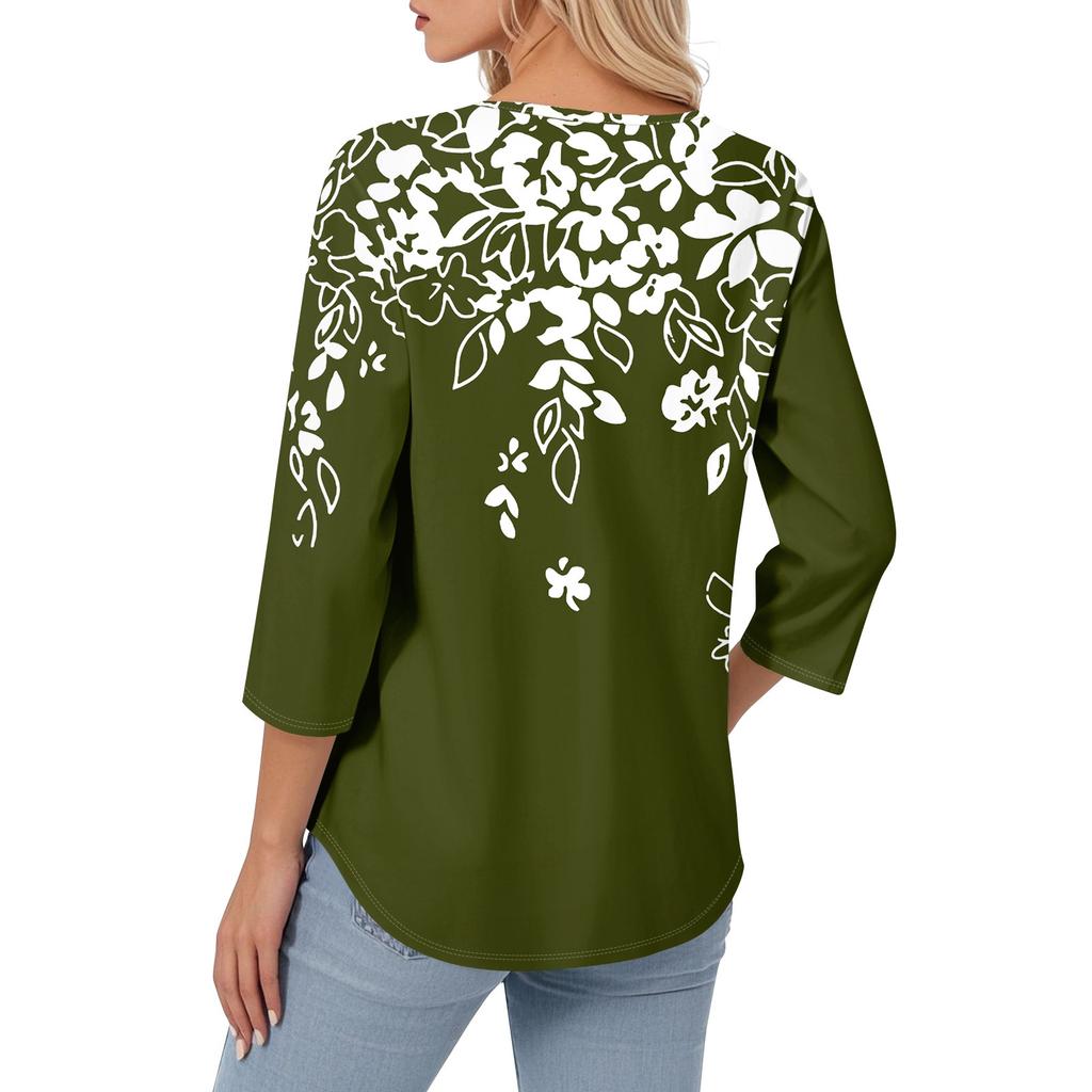 Women's Fashion Seven Sleeve Top Round Neck Pleated Casual Printed Top