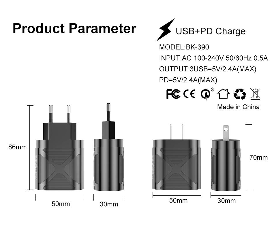 Mobile Phone Charging Head Fireproof Material 3.1A Multi-port 3USB+PD Type-c Mobile Phone Charger