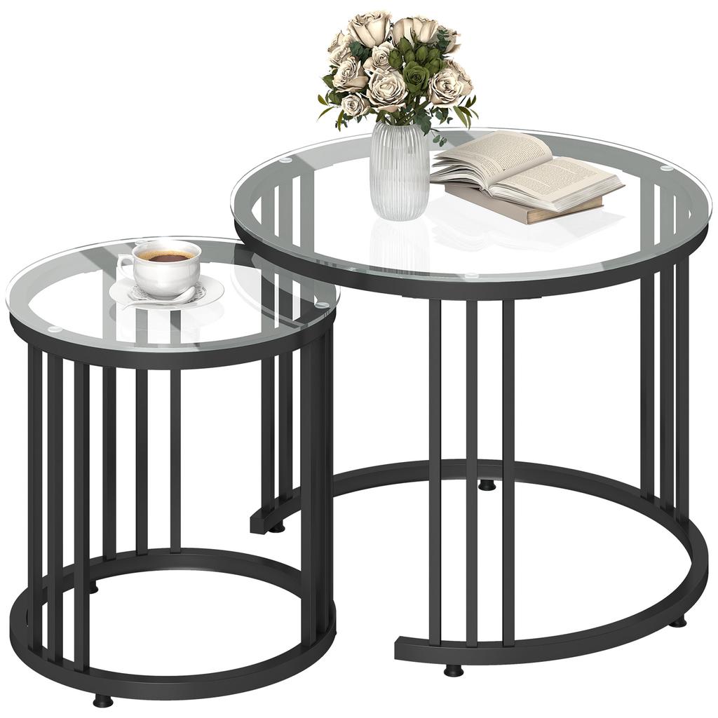 Round Coffee Tables Set of 2, Nesting Tables with Tempered Glass Top and Steel Frame, Black