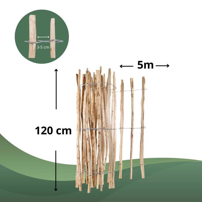 Clôture De Jardin - CREATIVE HOME - Bois De Noisetier - Hauteur 120 Cm - Longueur 5 M - Espacement 3-5 Cm