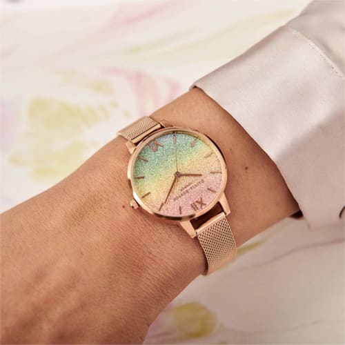 Authorized Retailer: OLIVIA BURTON Women's Watch, OB16RB18, Rainbow Glitter Dial & Rose Gold Mesh, 34mm