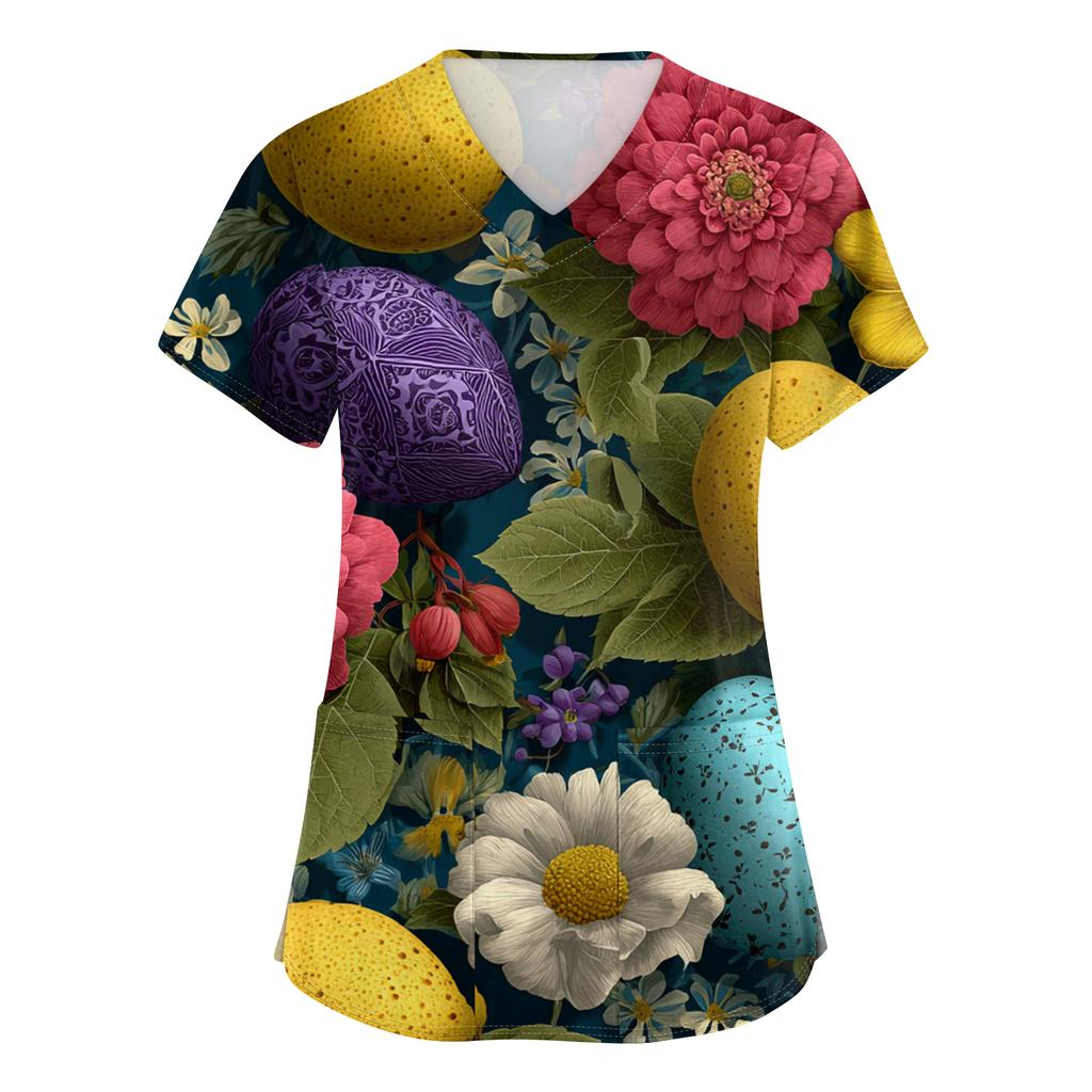 Women's Fashion V-Neck Short-Sleeved Workwear With Pockets Easter Print Top Caregiver Uniform