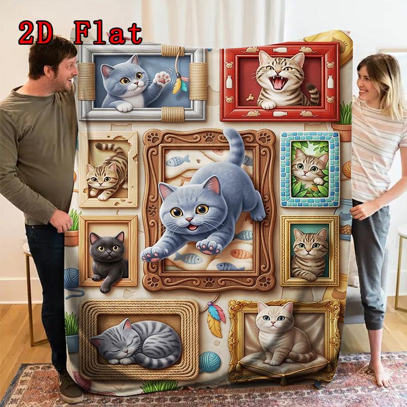 Cat Adventures 2D Flat Pattern Flannel Blanket, High quality All Seasons, Home Decor, Warmth and Comfort, Perfect for Christmas Gifts.