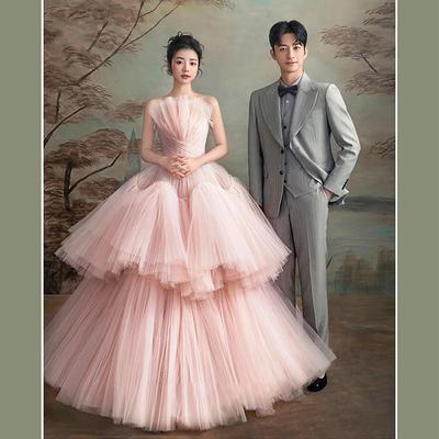 Temperament Girl Wedding Dress Outdoor Dress Pink White Color Dress Travel Light Wedding Dress