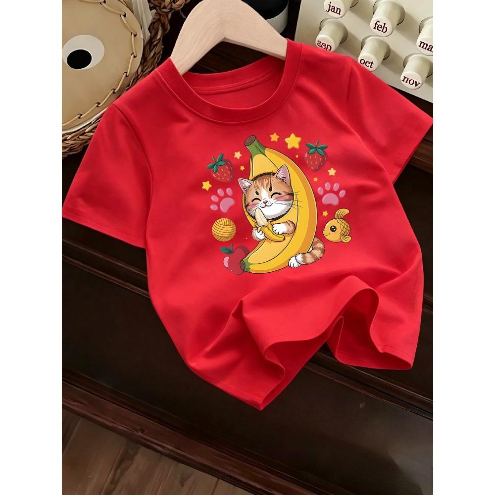 Children's Summer T-shirt, Soft and Skin-friendly, Loose and Comfortable, Cute Cat Print Short Sleeves