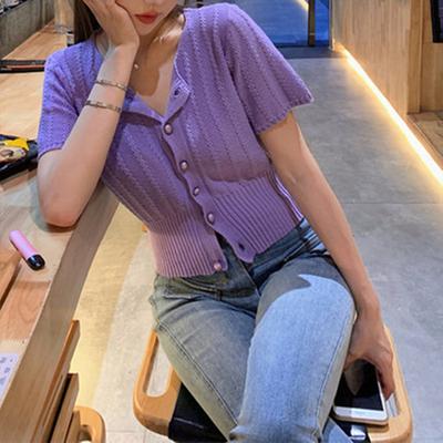 Krásná fialová halenka Přílivový kardigan s krátkým rukávem Léto Venku Krátká sekce Slim tričko Pletená košile Topy Dámské ležérní pulovry Trička