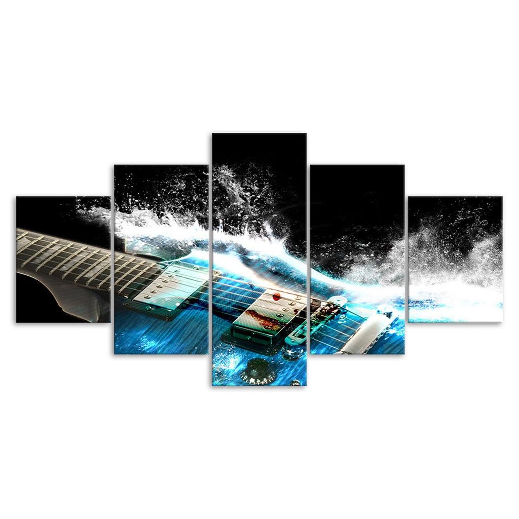Abstract Blue Music Guitar Music Scene 5 Piece Five Panel Wall Canvas Print Modern Art Poster Picture Home Decor Gift For Him For Her