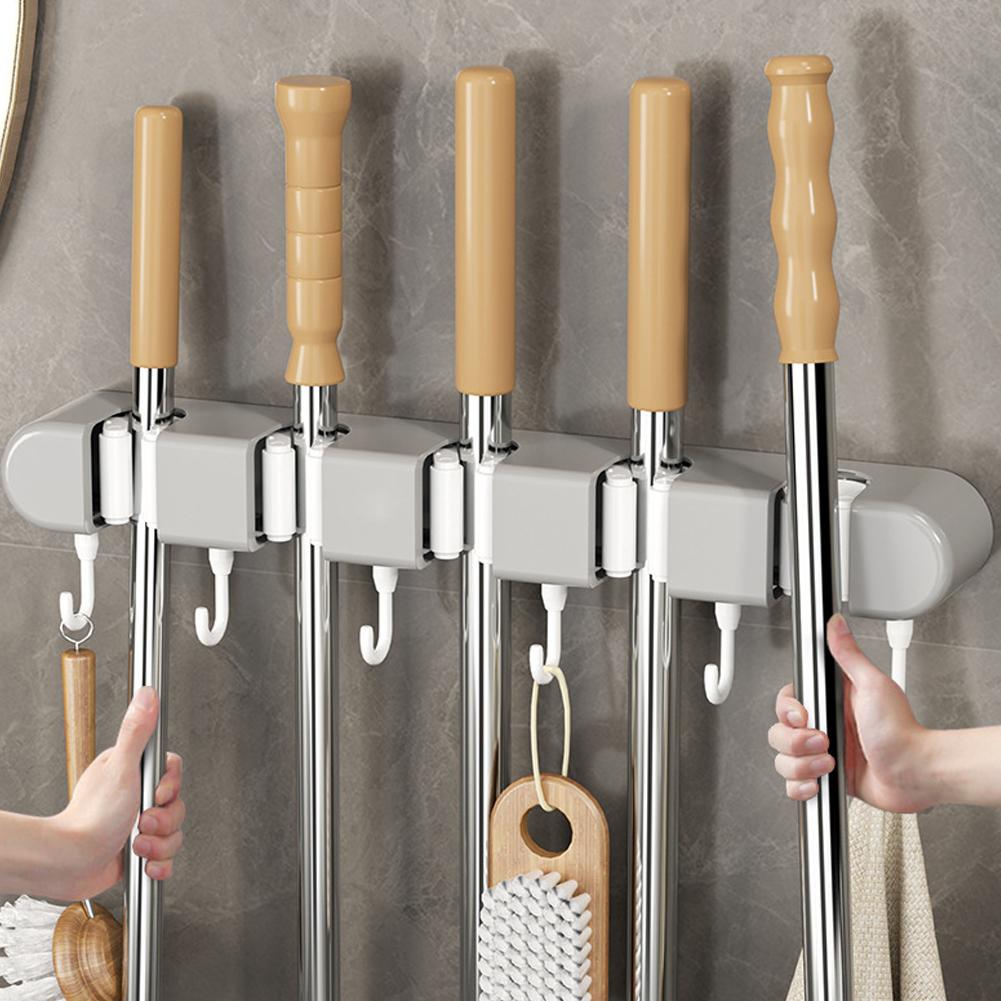 Broom Mop Holder With Hooks Wall Mounted Broom Storage No Multifunction Organizer Rack Holder Kitchens Self-Adhesive Drilli X1P3