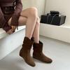 French Leather Retro Pleated Short Boots for Women 2025 Autumn and Winter New Round Head Matte Inner Leather Heightening Thin Boots for Women