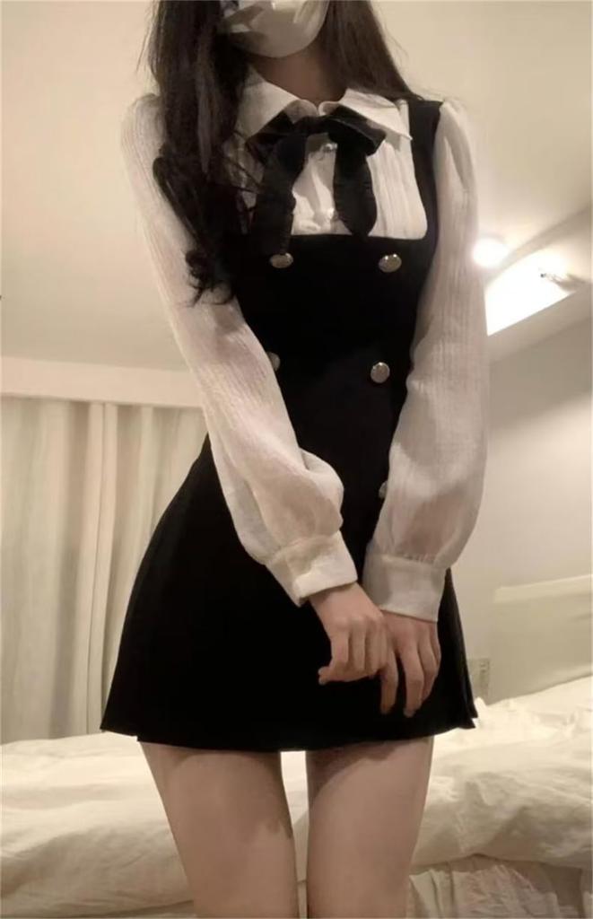 KEWJYUE Layered Long Suspender Shirt Mori Girl Everyday Wear Women's Dress, Sleeve, High-Waisted, Slimming, School-Style, Skirt, Dress, Style,