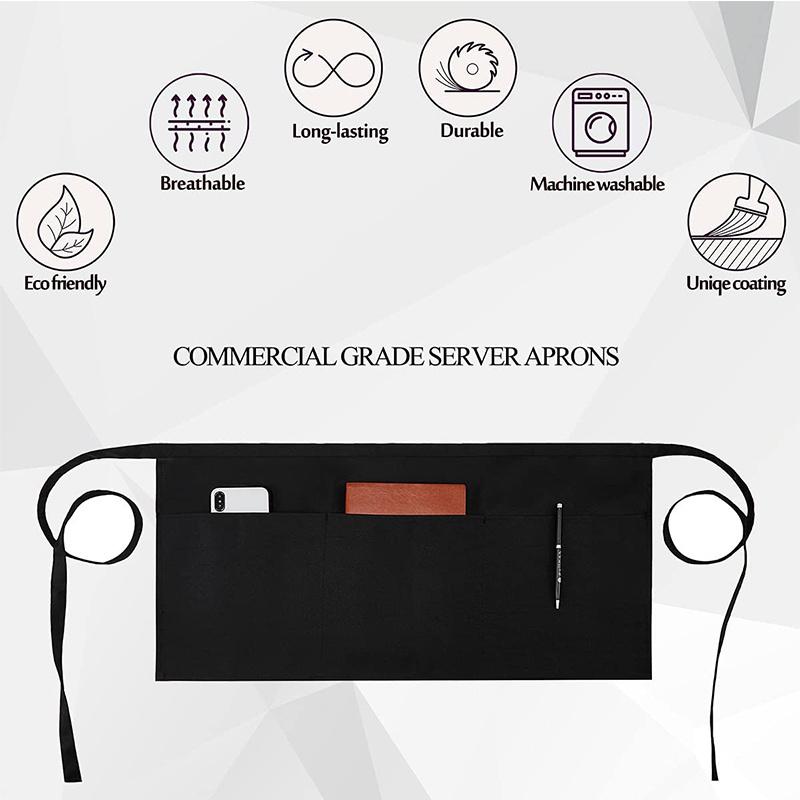 1PC Server Aprons with 3 Pockets - Waitress Aprons for Women Men Water Resistant Half Aprons with Added Long Waist Strap