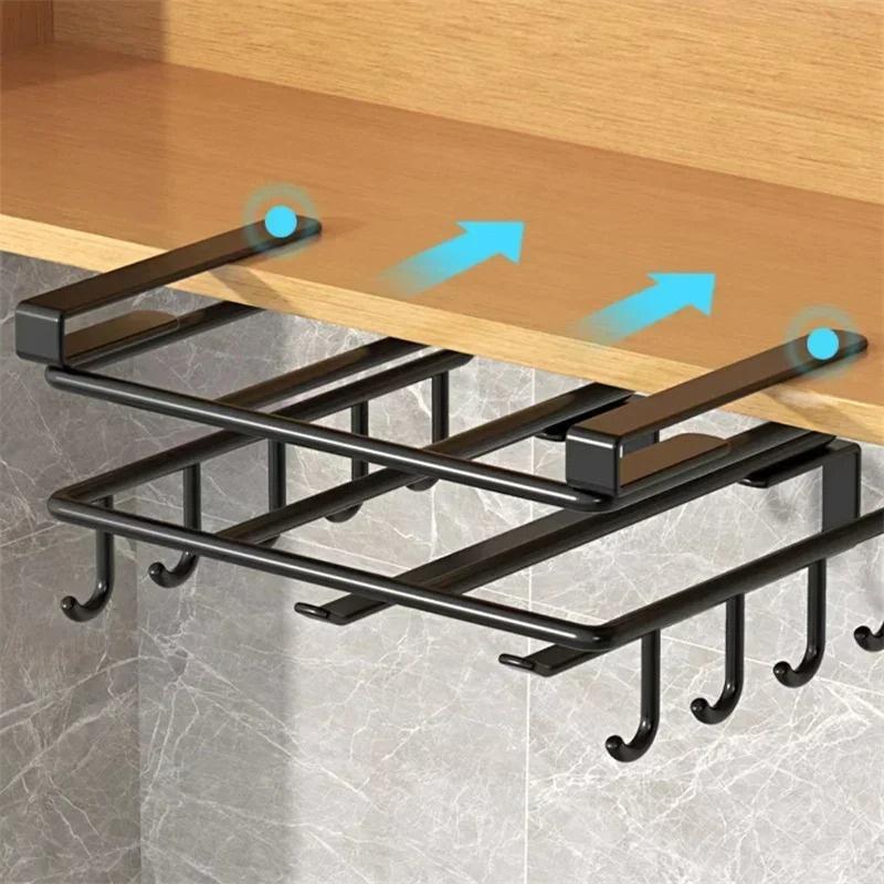 Kitchen Under Cabinet Hanging Organizer Rack with Hooks Multi-Purpose Holder for Paper Towel Cutting Board & Pot Lids