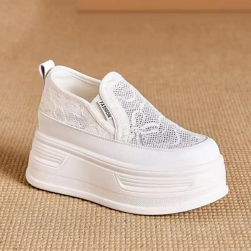 Flores de Renda Tênis Plataforma Feminino Sapatos de Salto Alto Aumento de Altura Malha Respirável Sapatos Casuais Lona