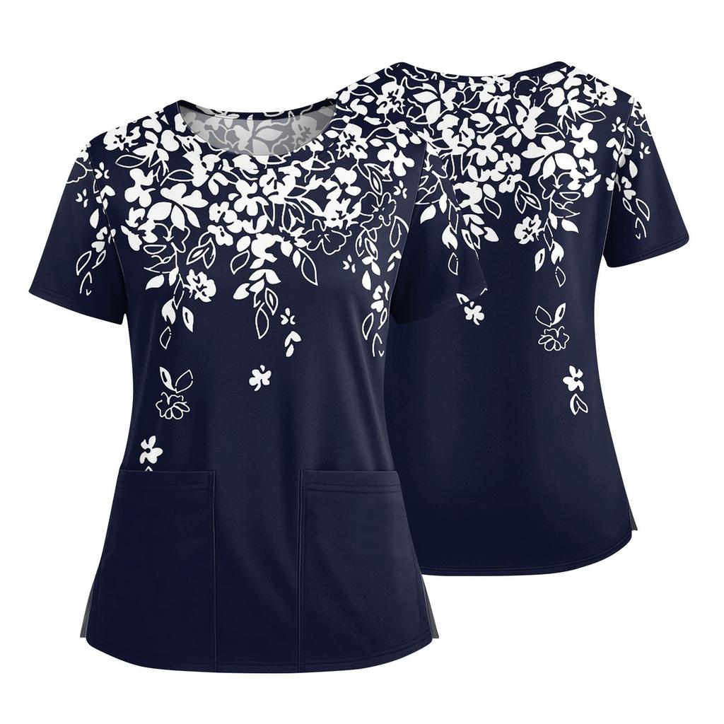 Women's Fashionable Printed Round Neck Pocket Short Sleeved Shirt With Slit Hem Uniform And Worker's Top