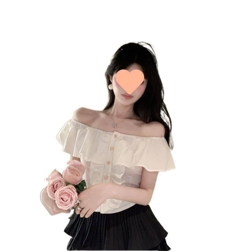 One-word Shoulder Ruffle Edge French Shirt Short-sleeved New Women's Summer Pure Desire Sweet Spice Girl Small Top Chic