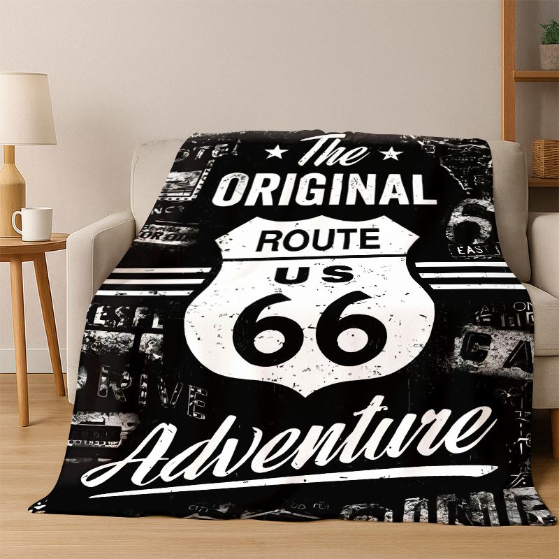 Retro Route66 America Mother Road Sign Flannel Blanket Soft Warm Throw Blanket for Bedroom Living Room Bed Travel Camping Picnic