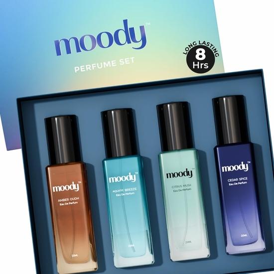 Moody Premium Perfume Gift Set for Men | Eau De Parfum | Long Lasting EDP Fragrance  | Amber Oudh, Aquatic Breeze Perfume Gift for Men Pack of 4x20ml