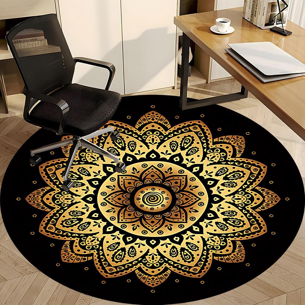 1pc Golden Mandala Chair Carpet for Office, Round Non Slip Durable Large Size Office Carpet, Suitable for Office