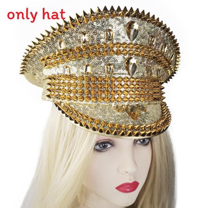 Cappello da Capitano Blu Navy Intarsiato di Strass, a Cilindro Piatto, con Ampia Visiera, per Cosplay e Fotografia