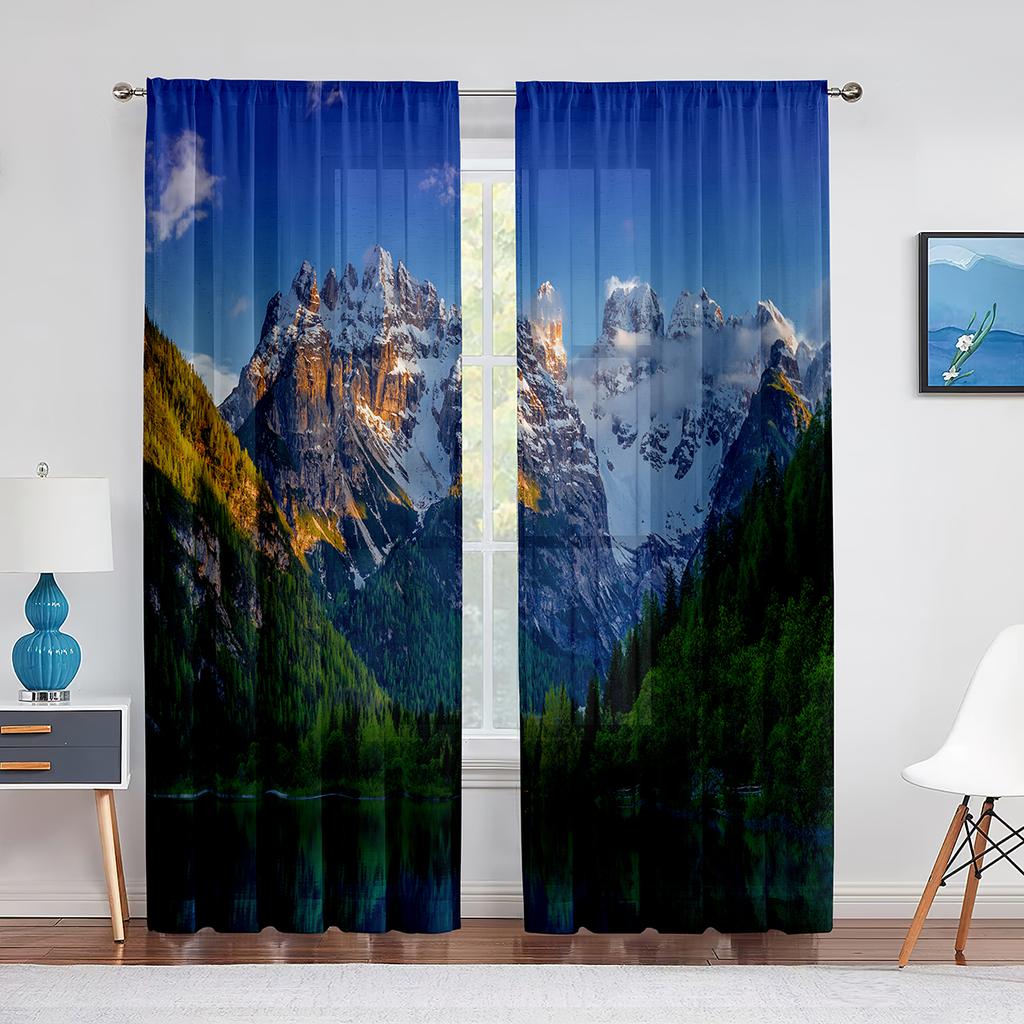 Autumn Mountains Forest Rivers Landscape Tulle Curtains for Living Room Decoration Chiffon Sheer Voile Kitchen Bedroom Curtain