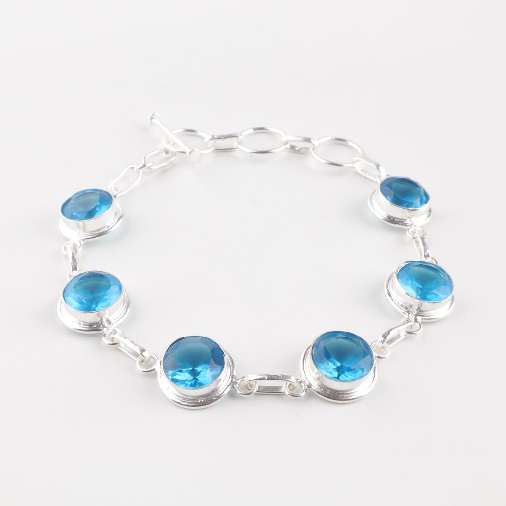 Swiss Blue Topaz Gemstone 925 Sterling Silver Jewelry Women's Gift Bracelet 7-9" RB-13-1
