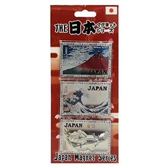 Magnet 3-piece set souvenir Fugaku Sanjurokkei Mount Fuji Red Kanagawa Oki Nami Ura Katsushika Hokusai Japan (D)