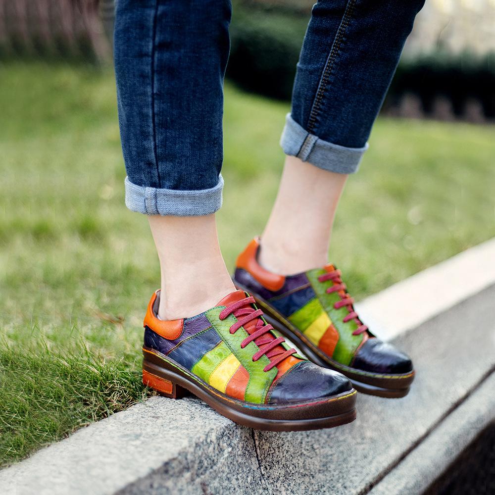 Fashion GKTINOO Genuine Leather Mixed Colors Luxury Designer Women Shoes Sheepskin Low Heel Pumps Lace Up Ladies Shoes Plus Size