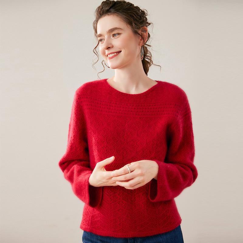 2026 Spring/Fall Thickened Cashmere Hollow Round Neck Knitted Sweater - Versatile Red Crochet Base Layer
