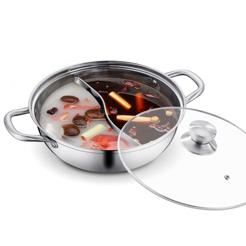Chinese Hot Pot with Lid Thicken Stainless Steel 2 In 1 Divided Hotpot Kitchen Cooking Pan with Cover Gas Stove Induction Cooker