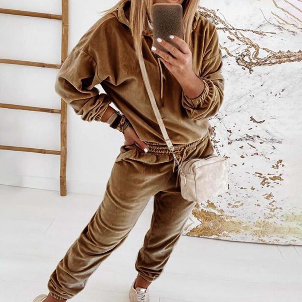1 Set Sweatshirt Sweatpants Solid Color Elastic Cuff Autumn Winter Thick Warm Pullover Pants for Daily Wear