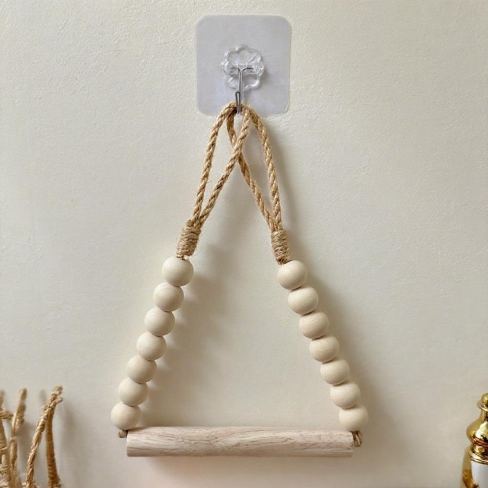 No Drill Hemp Rope Wooden Bead Design Toilet Paper Holder with Self Adhesive Hook Toilet Roll Holder Bathroom Accessories 1PC