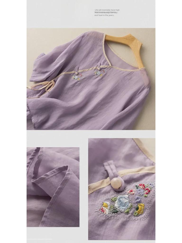 Damen 2024 Sommer Locker Geschnittenes Baumwollleinen Besticktes Hemd mit Schrägkragen, Kurzen Ärmeln und Nationalem Stil