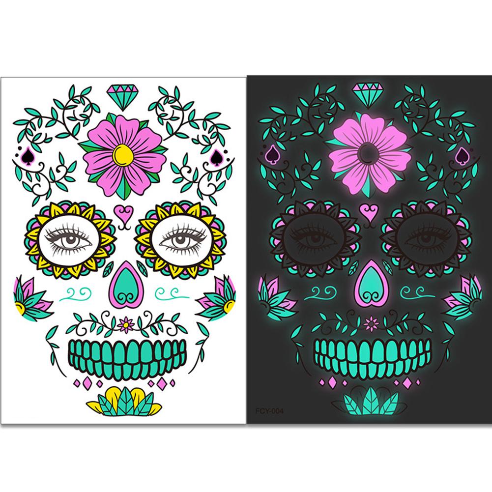 

Funny Halloween Luminous Tattoo Sticker, 2/4pcs Glow in Dark Sugar Skull Face Stickers for Face Tattoos Waterproof Facial Party 21x14.5cm