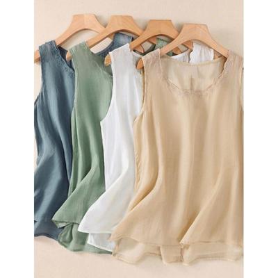 Damen Sommer Locker Geschnitten Retro Ärmelloses T-Shirt, Gesticktes Leichtes Künstlerisches Einfarbiges Tanktop