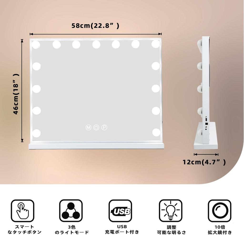 Fenair Actress Mirror with Tabletop Hollywood Wall Can Use 2 Makeup LED Large 15 3 Color Brightness Includes USB Port for Smartphone 10x Magnifying